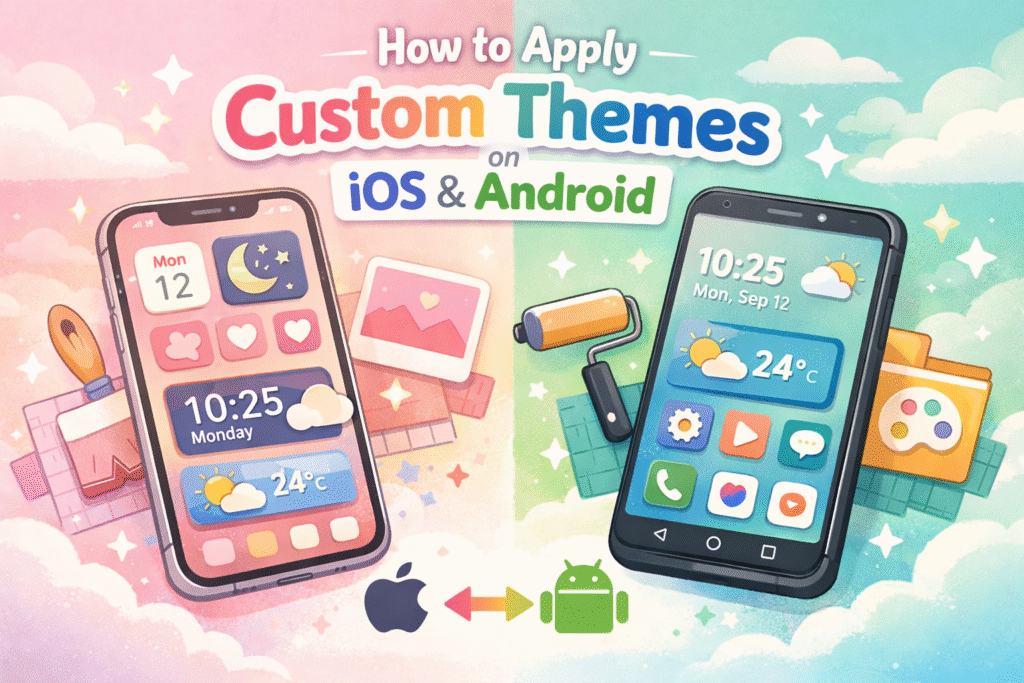 Illustration showing custom home screen themes on iOS and Android devices