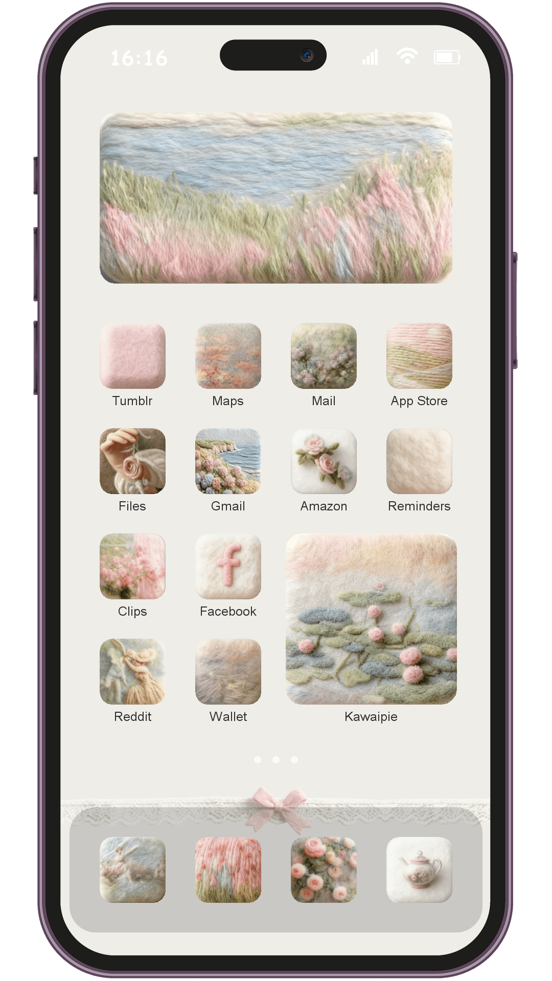 Ai Felt Oil Painting theme pack applied on smartphone home screen