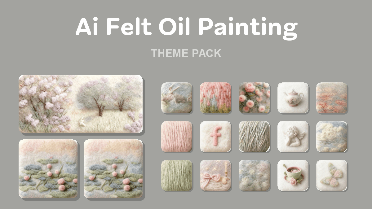 Ai Felt Oil Painting theme pack preview showing all icons widgets and wallpaper
