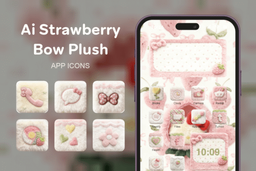 Ai Strawberry Bow Plush theme pack featured image showing icons widgets and wallpaper