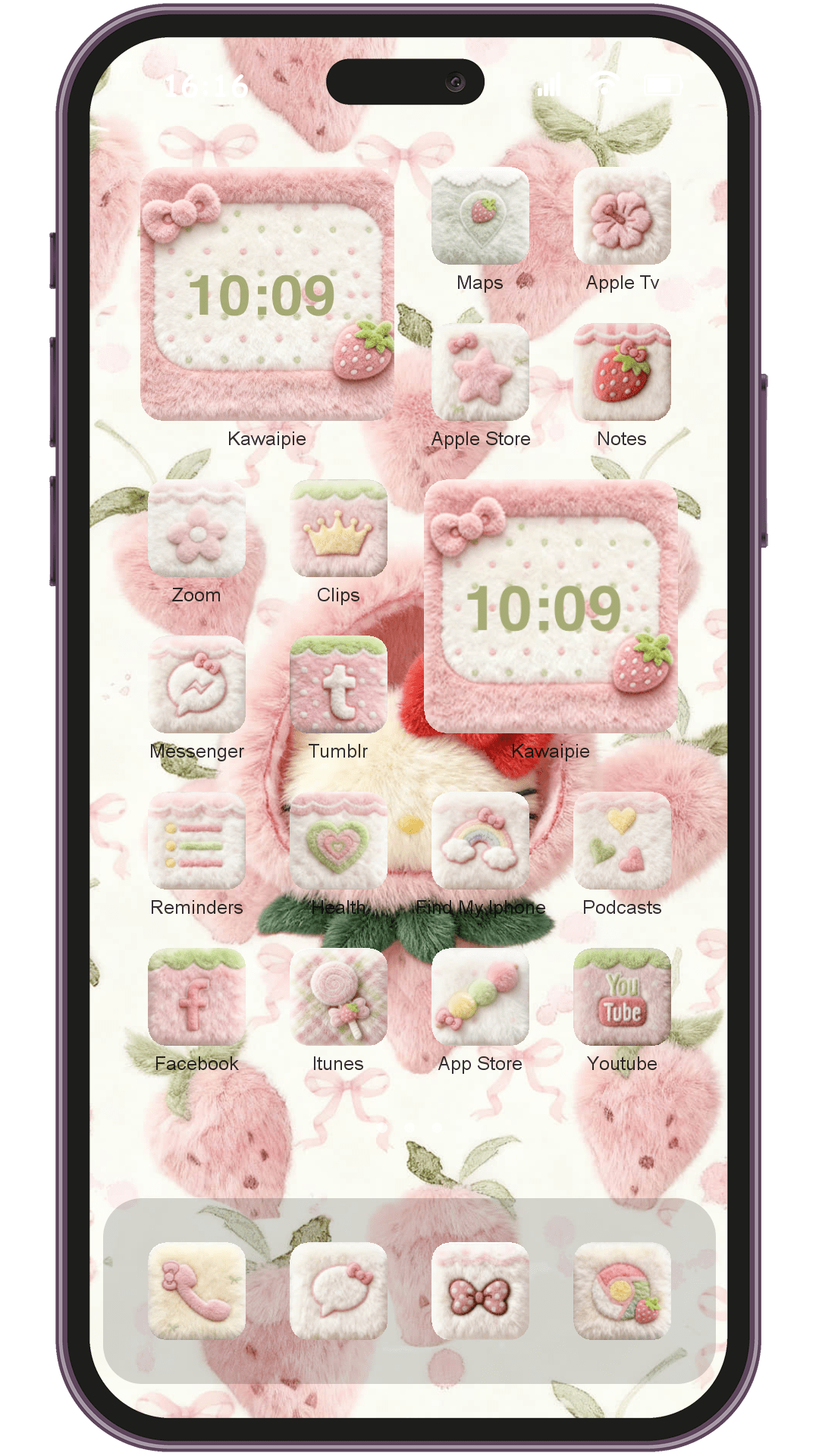 Ai Strawberry Bow Plush theme pack installed on phone home screen