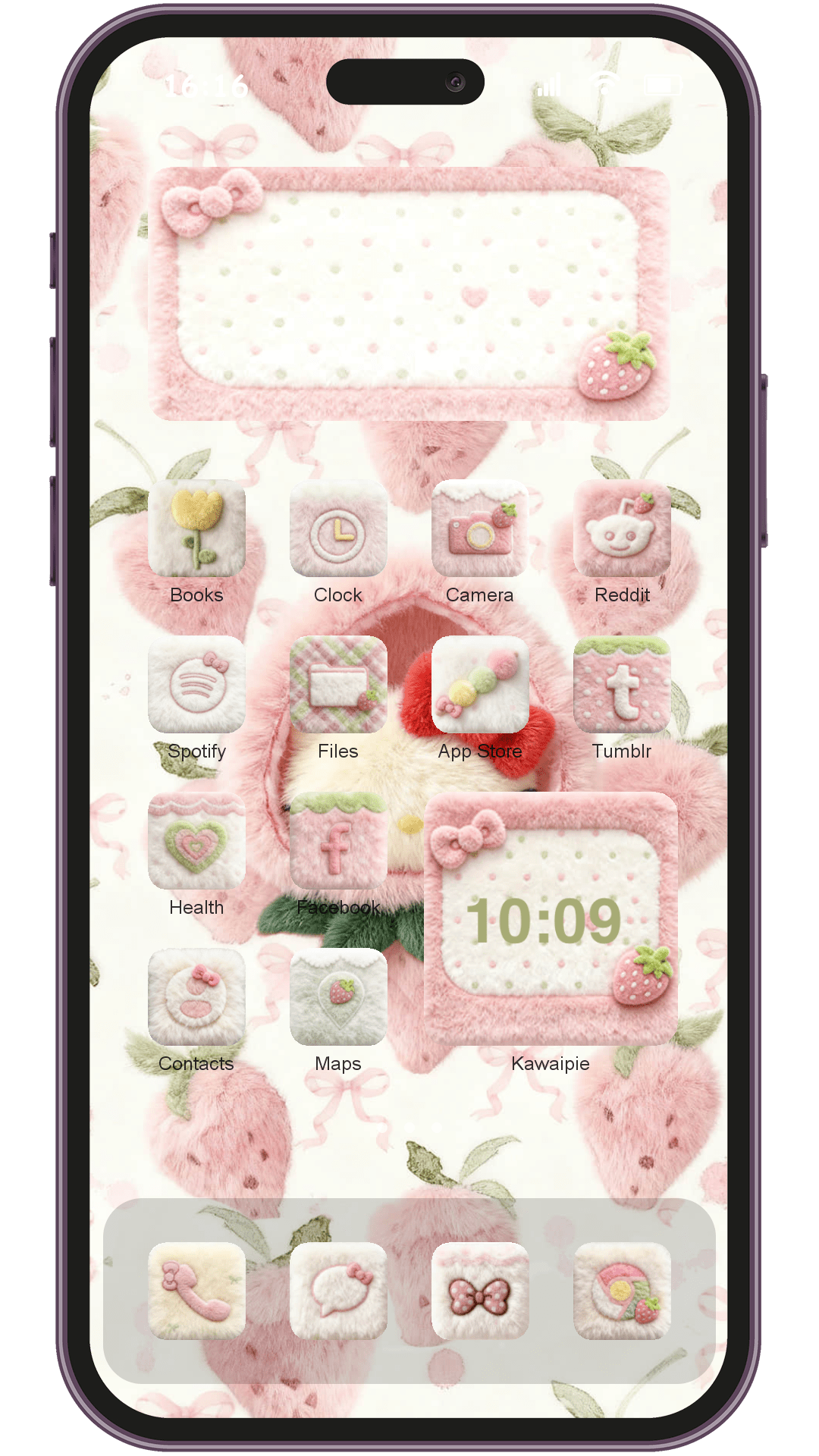 Ai Strawberry Bow Plush theme pack applied on smartphone home screen