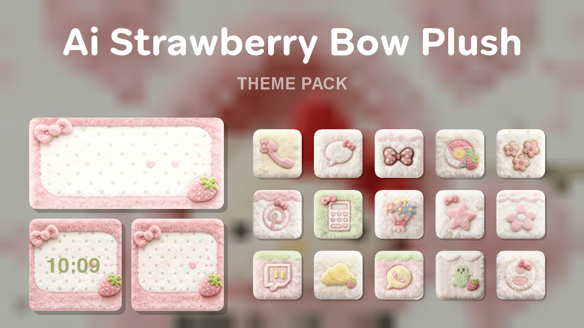 Ai Strawberry Bow Plush theme pack preview showing all icons widgets and wallpaper