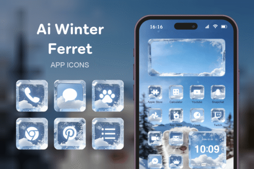 Ai Winter Ferret theme pack featured image showing icons widgets and wallpaper