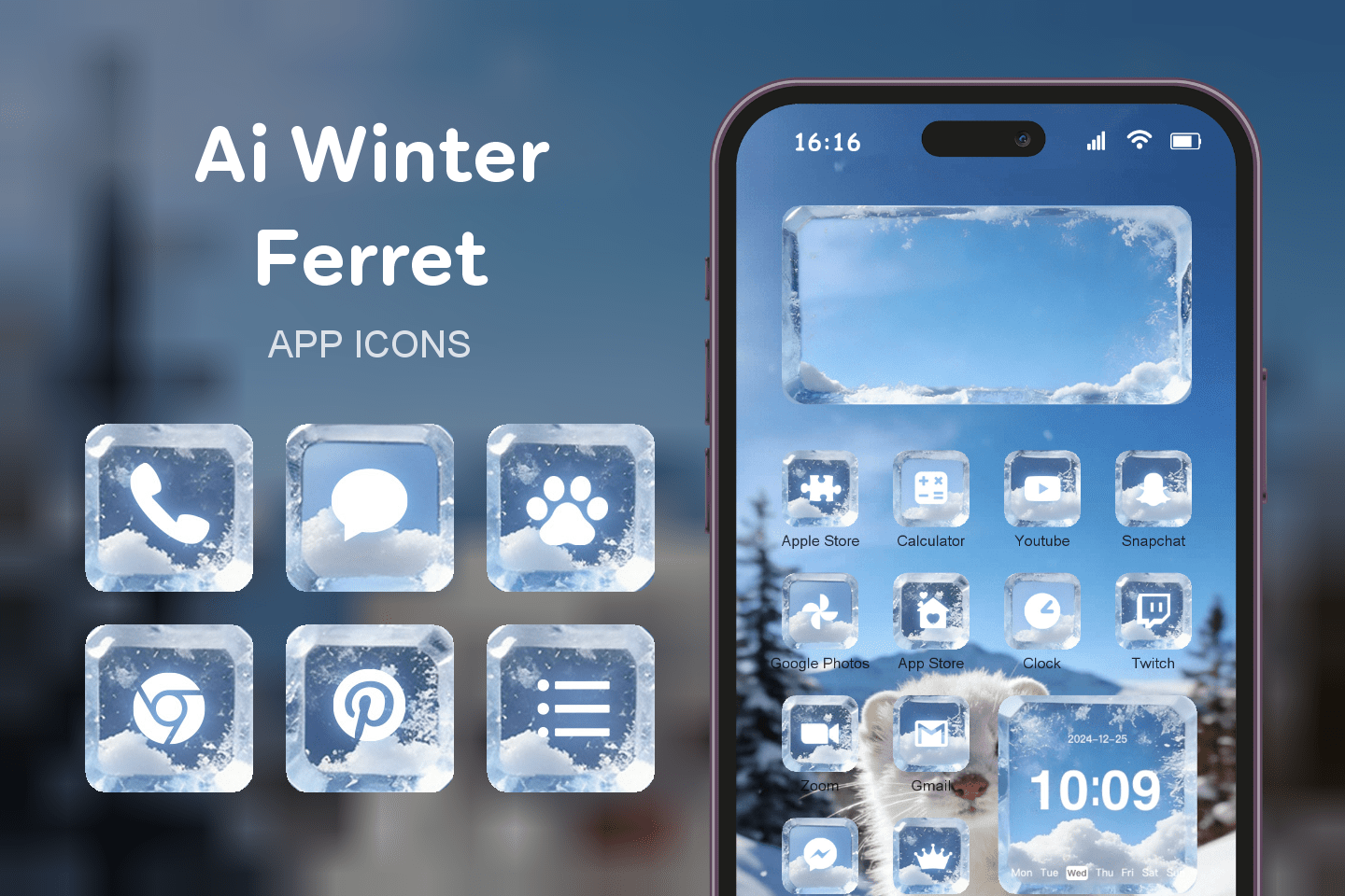 Ai Winter Ferret theme pack featured image showing icons widgets and wallpaper