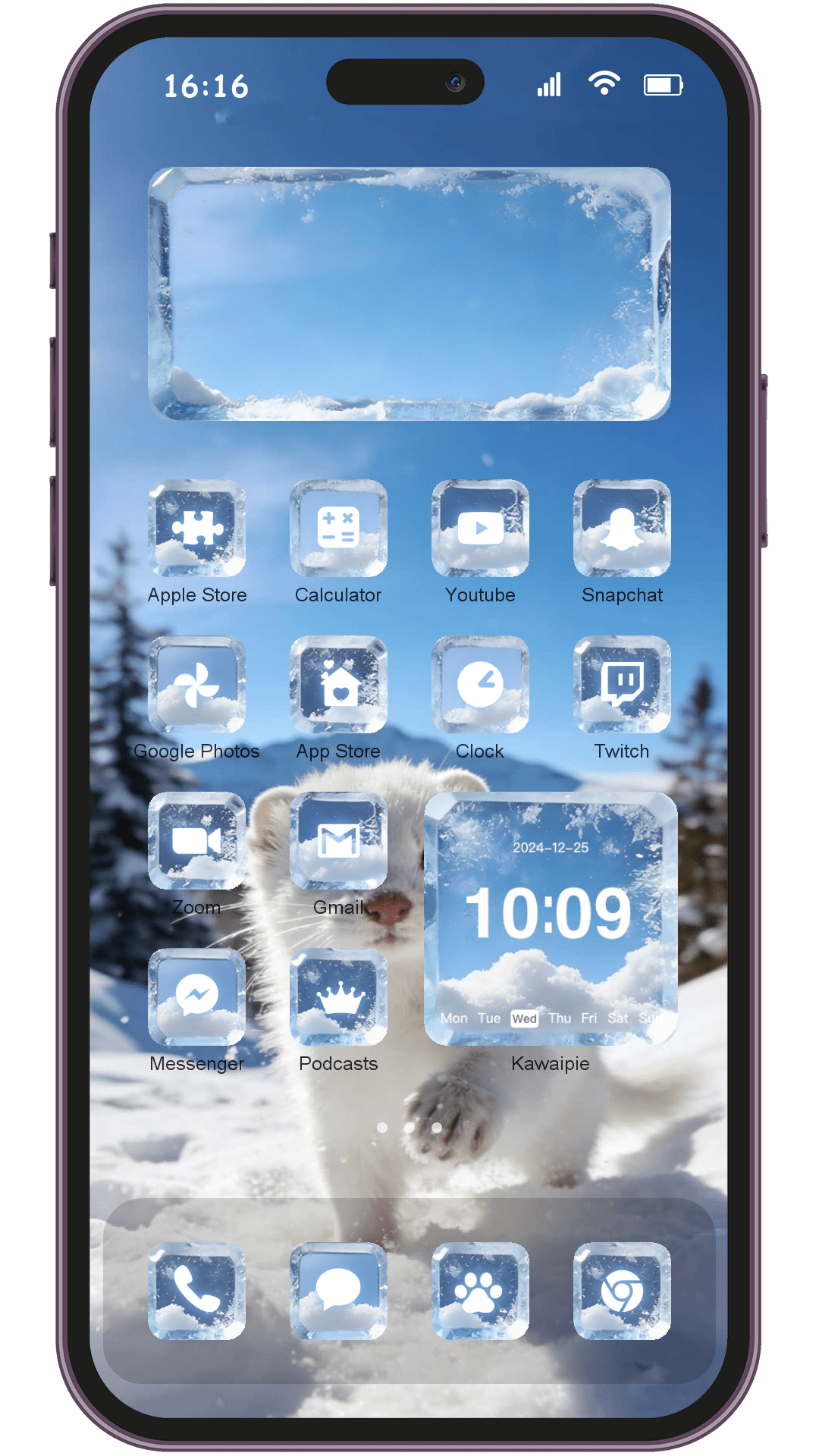 Ai Winter Ferret theme pack applied on smartphone home screen