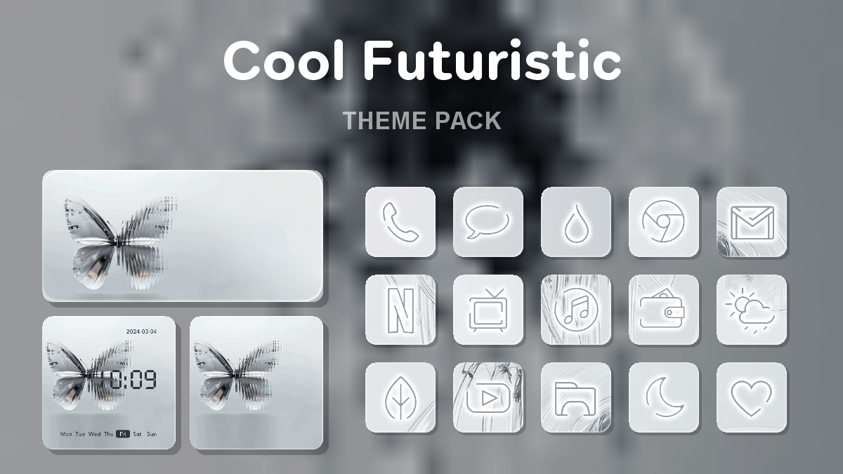 Cool Futuristic theme pack preview showing all icons widgets and wallpaper
