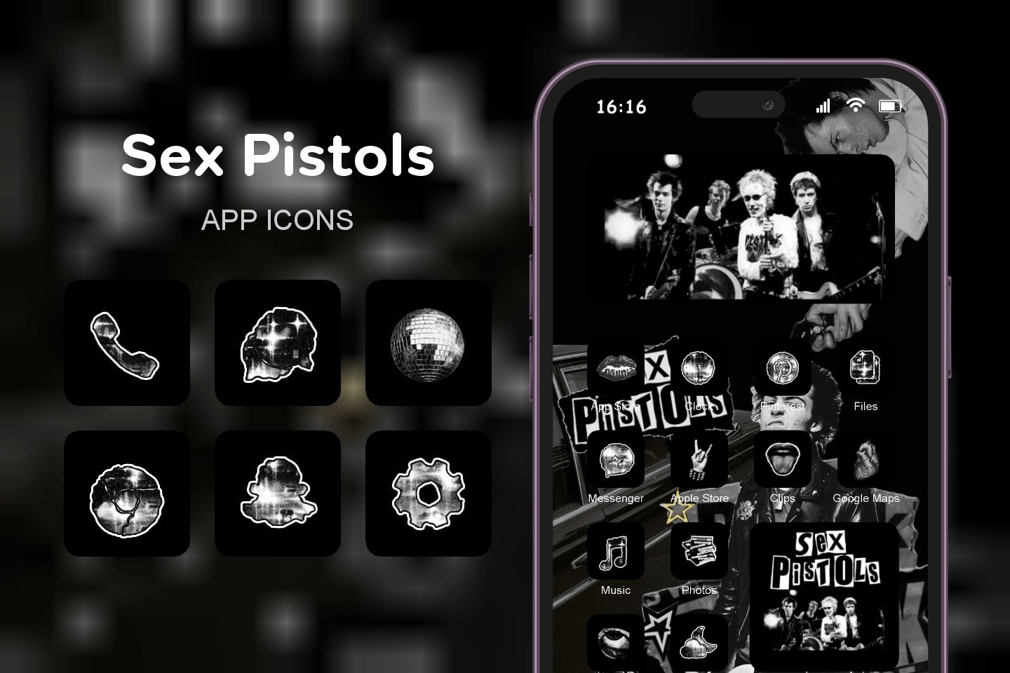Sex Pistols theme pack featured image showing icons widgets and wallpaper