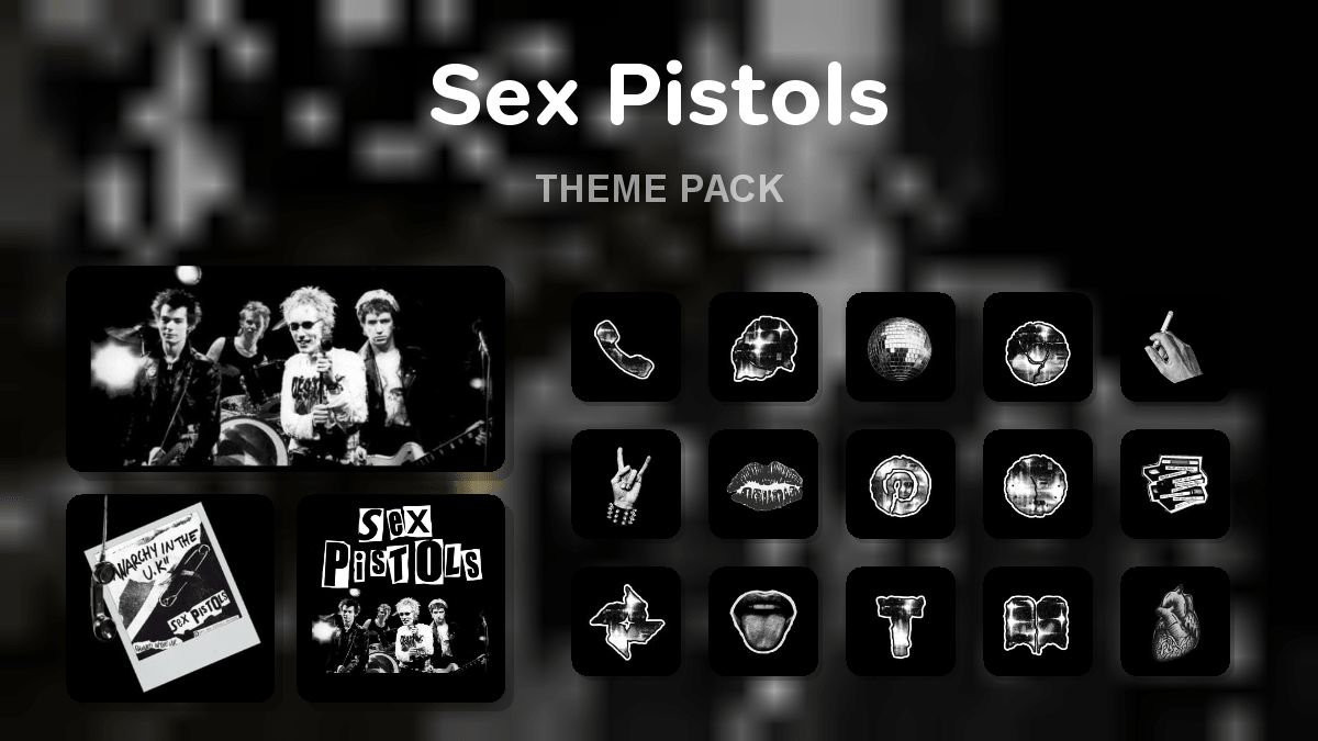 Sex Pistols theme pack preview showing all icons widgets and wallpaper