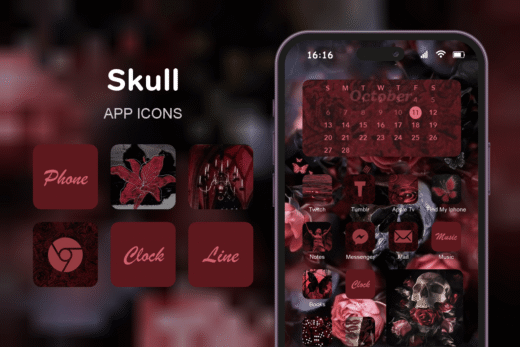 Skull theme pack featured image showing icons widgets and wallpaper