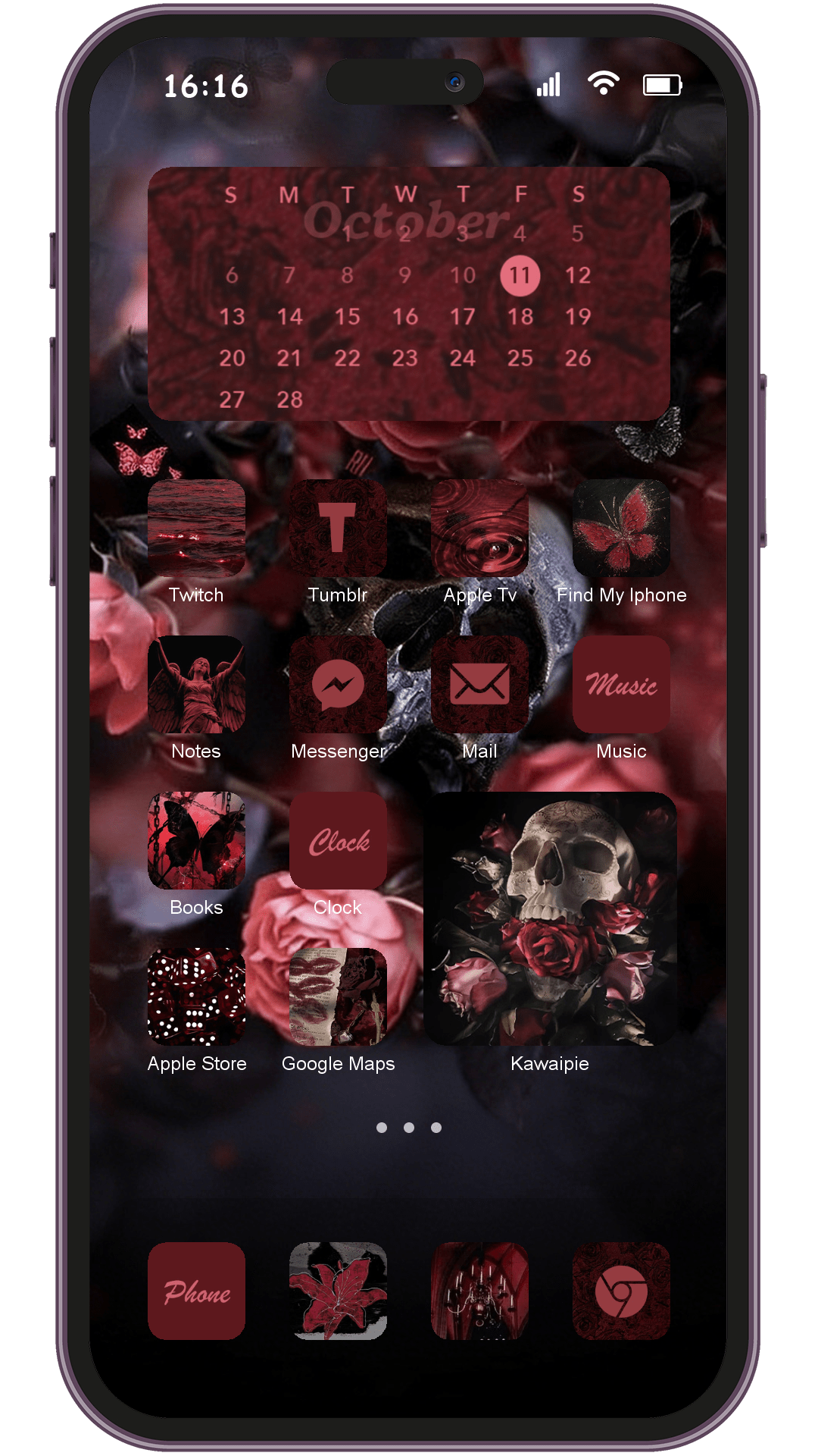 Skull theme pack applied on smartphone home screen