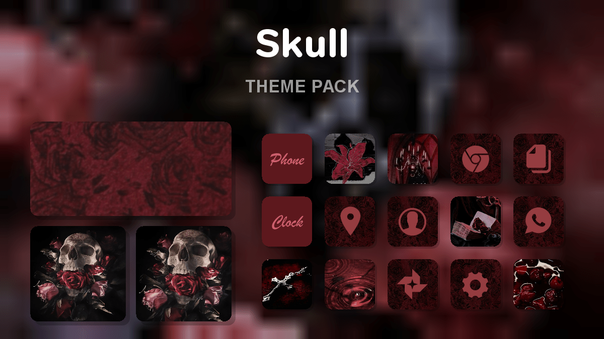 Skull theme pack preview showing all icons widgets and wallpaper