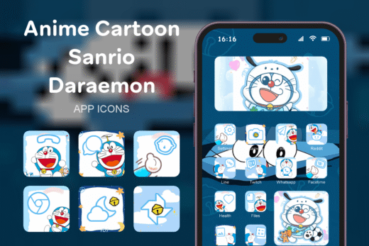 Anime Cartoon Sanrio Daraemon theme pack featured image showing icons widgets and wallpaper