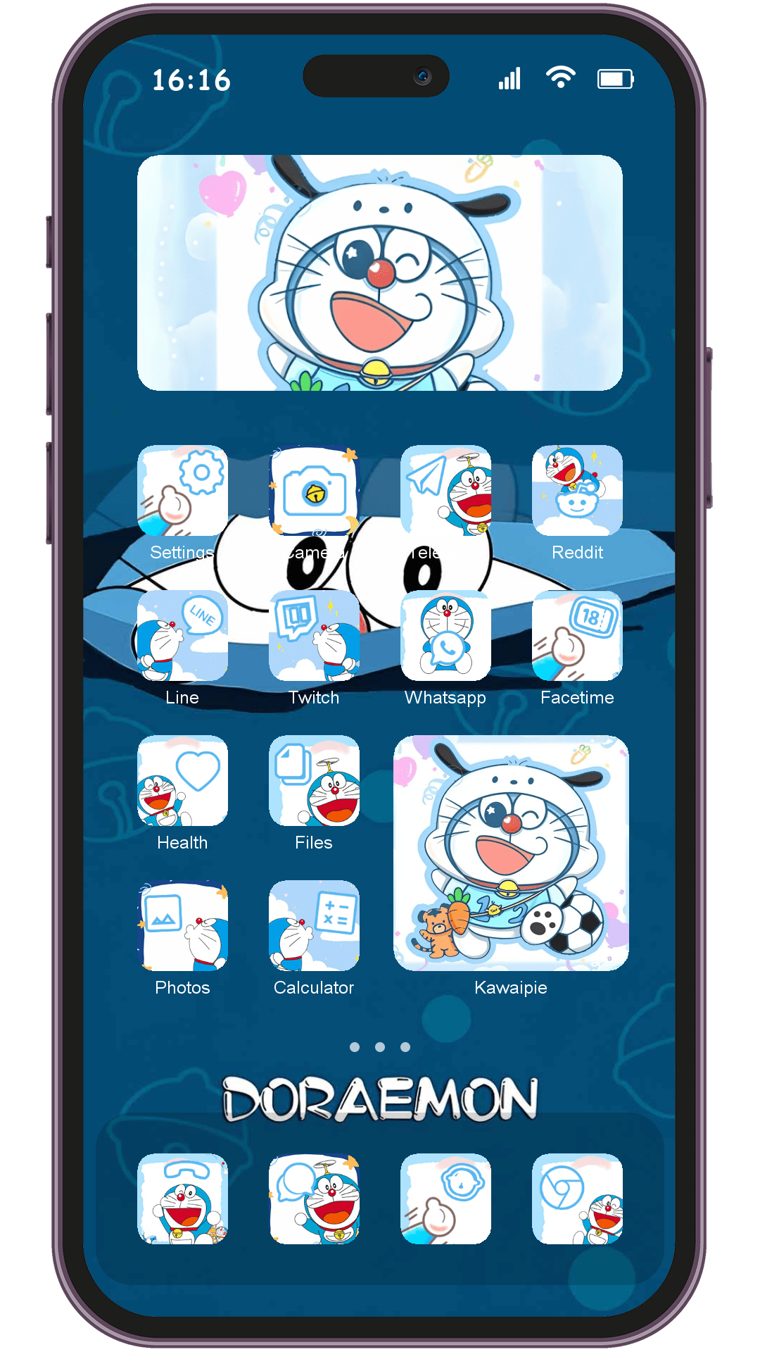 Anime Cartoon Sanrio Daraemon theme pack applied on smartphone home screen