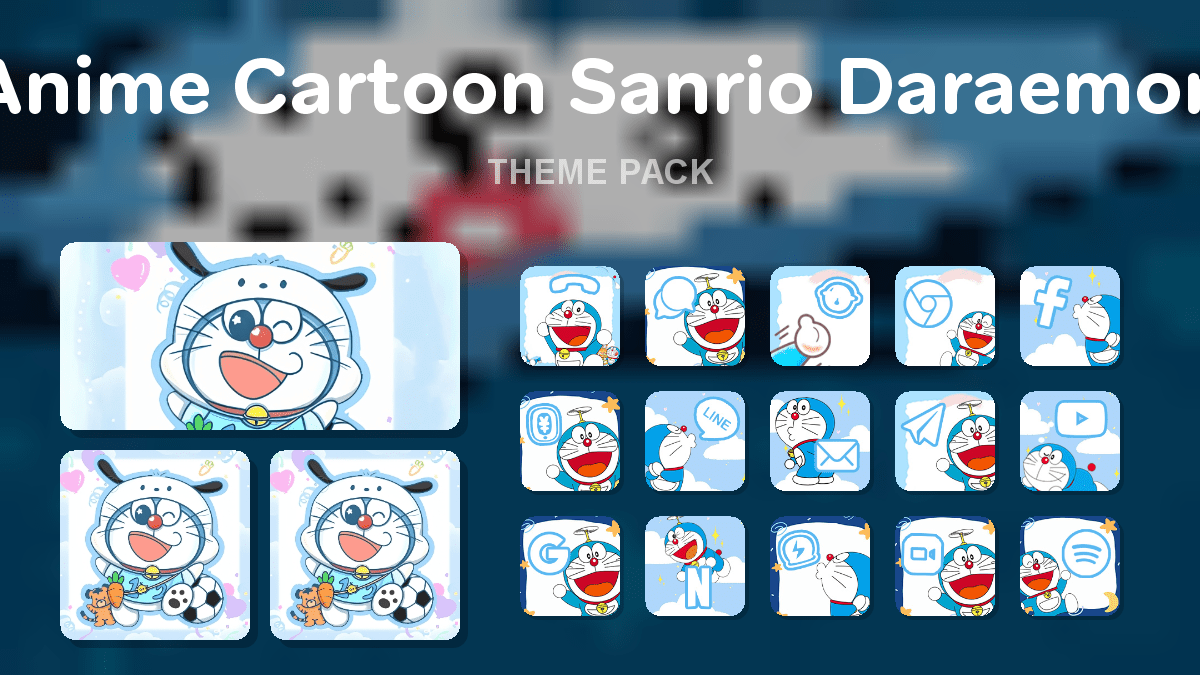 Anime Cartoon Sanrio Daraemon theme pack preview showing all icons widgets and wallpaper