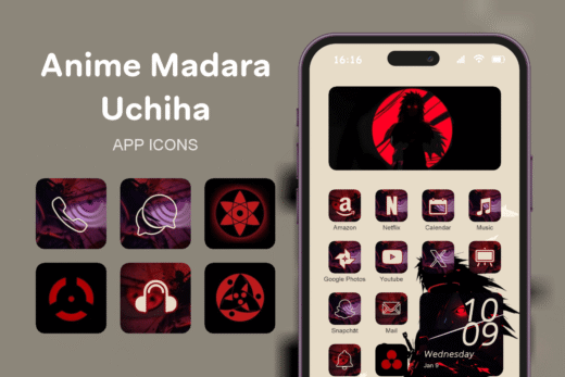 Anime Madara Uchiha theme pack featured image showing icons widgets and wallpaper