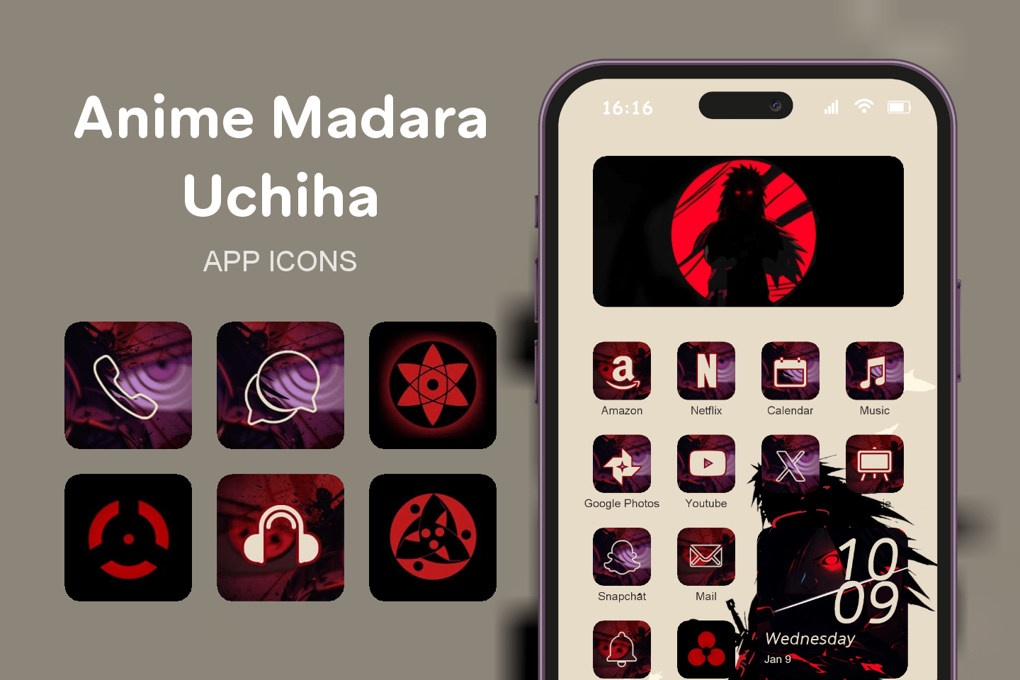 Anime Madara Uchiha theme pack featured image showing icons widgets and wallpaper