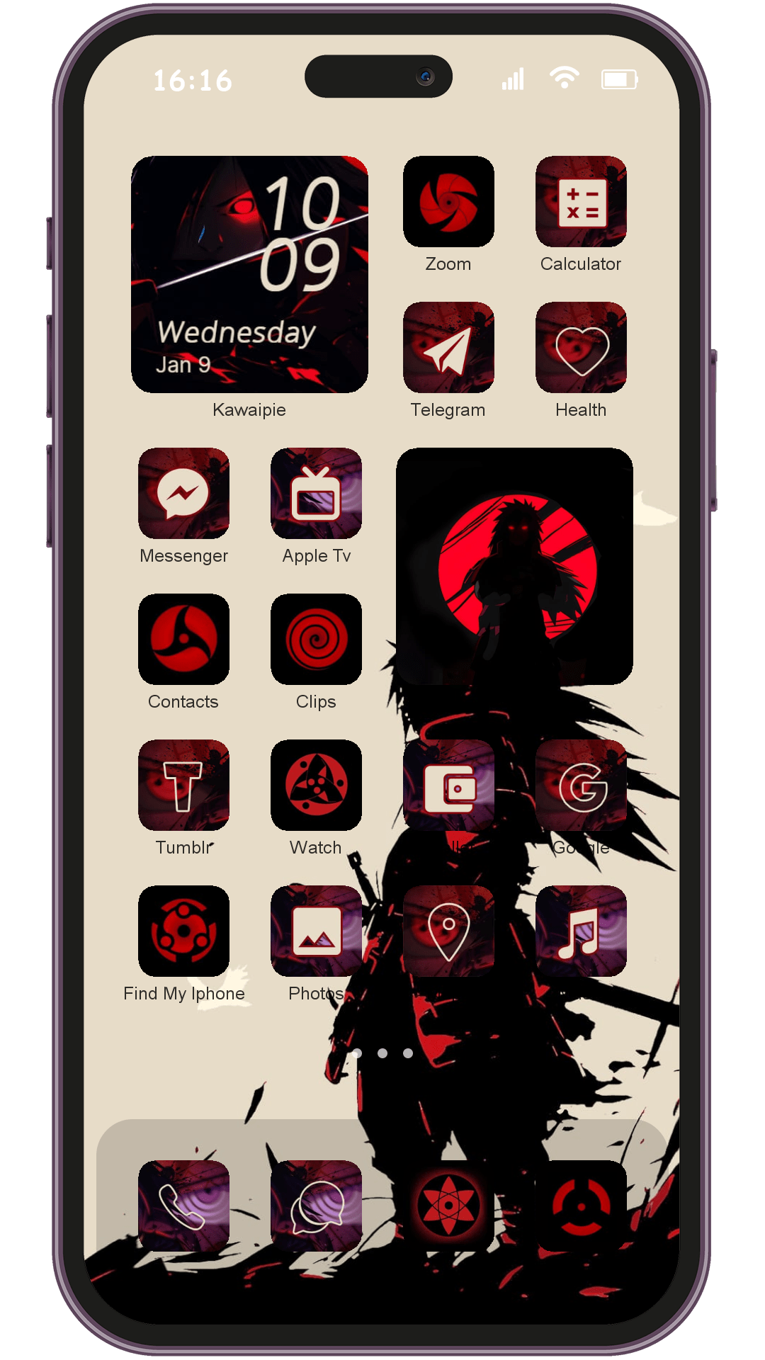 Anime Madara Uchiha theme pack installed on phone home screen