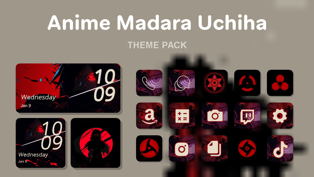 Anime Madara Uchiha theme pack preview showing all icons widgets and wallpaper