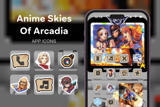 Anime Skies Of Arcadia theme pack featured image showing icons widgets and wallpaper