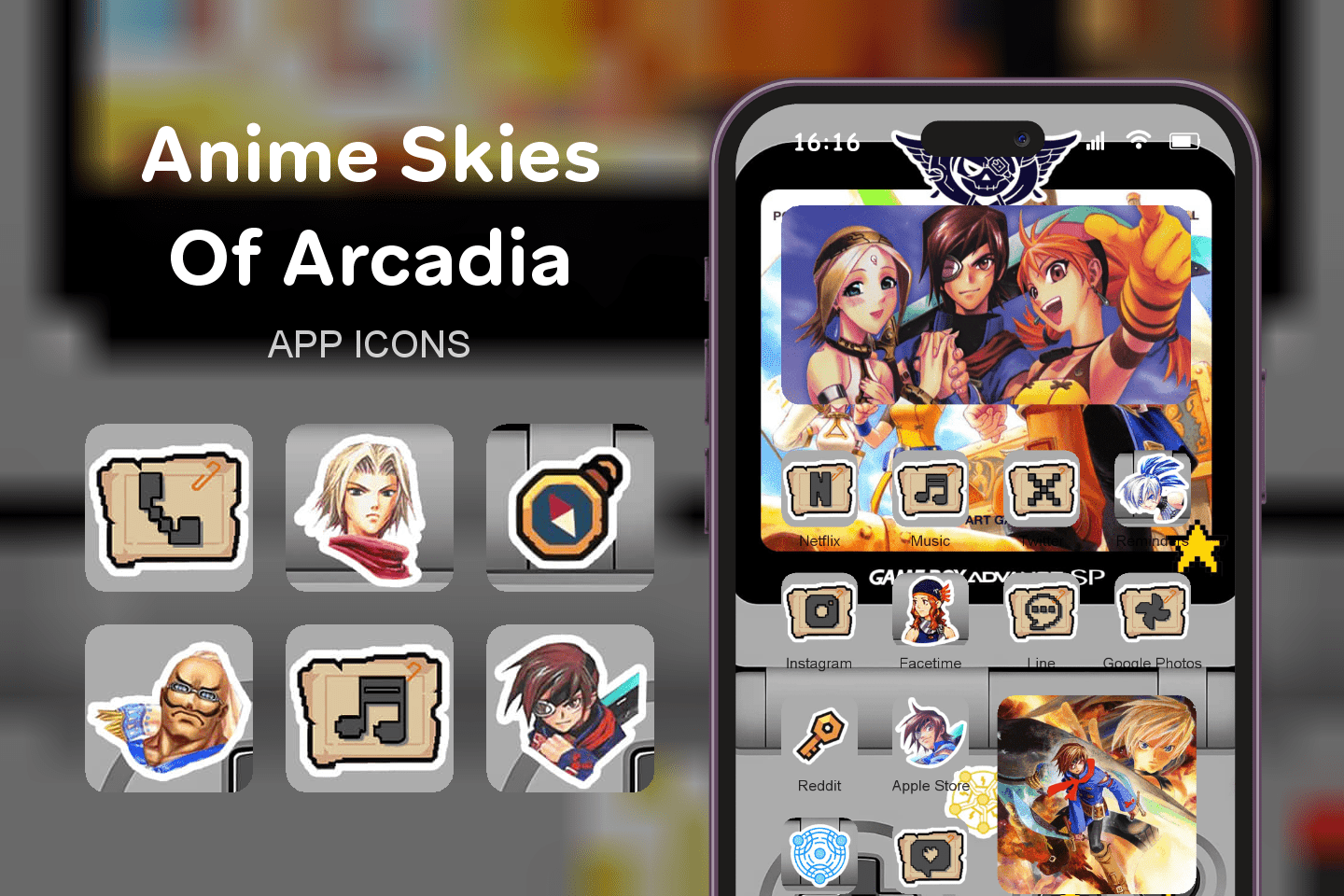 Anime Skies Of Arcadia theme pack featured image showing icons widgets and wallpaper