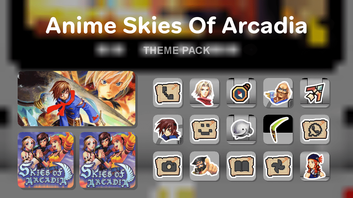 Anime Skies Of Arcadia theme pack preview showing all icons widgets and wallpaper