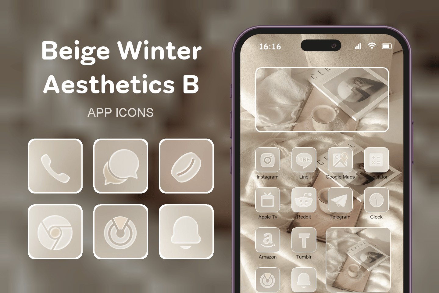 Beige Winter Aesthetics B theme pack featured image showing icons widgets and wallpaper