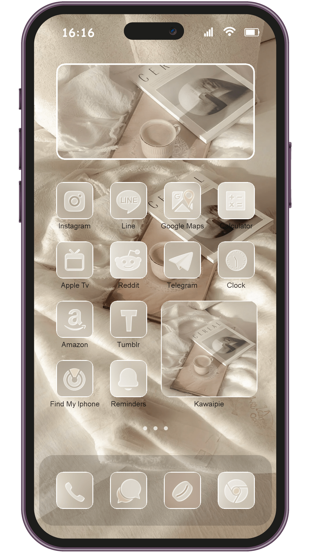 Beige Winter Aesthetics B theme pack applied on smartphone home screen