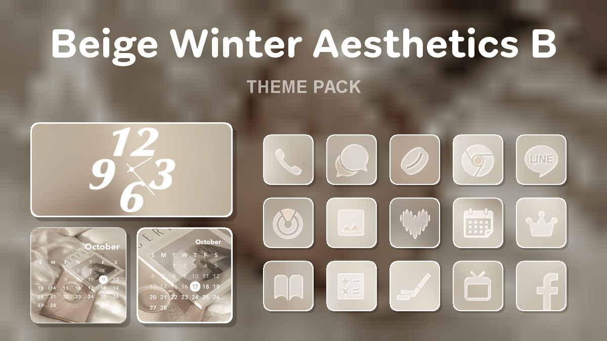 Beige Winter Aesthetics B theme pack preview showing all icons widgets and wallpaper