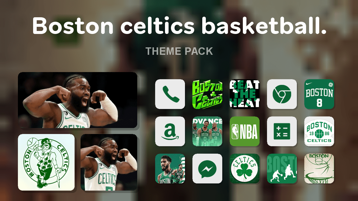 Boston celtics basketball. theme pack preview showing all icons widgets and wallpaper