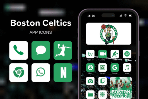 Boston Celtics theme pack featured image showing icons widgets and wallpaper