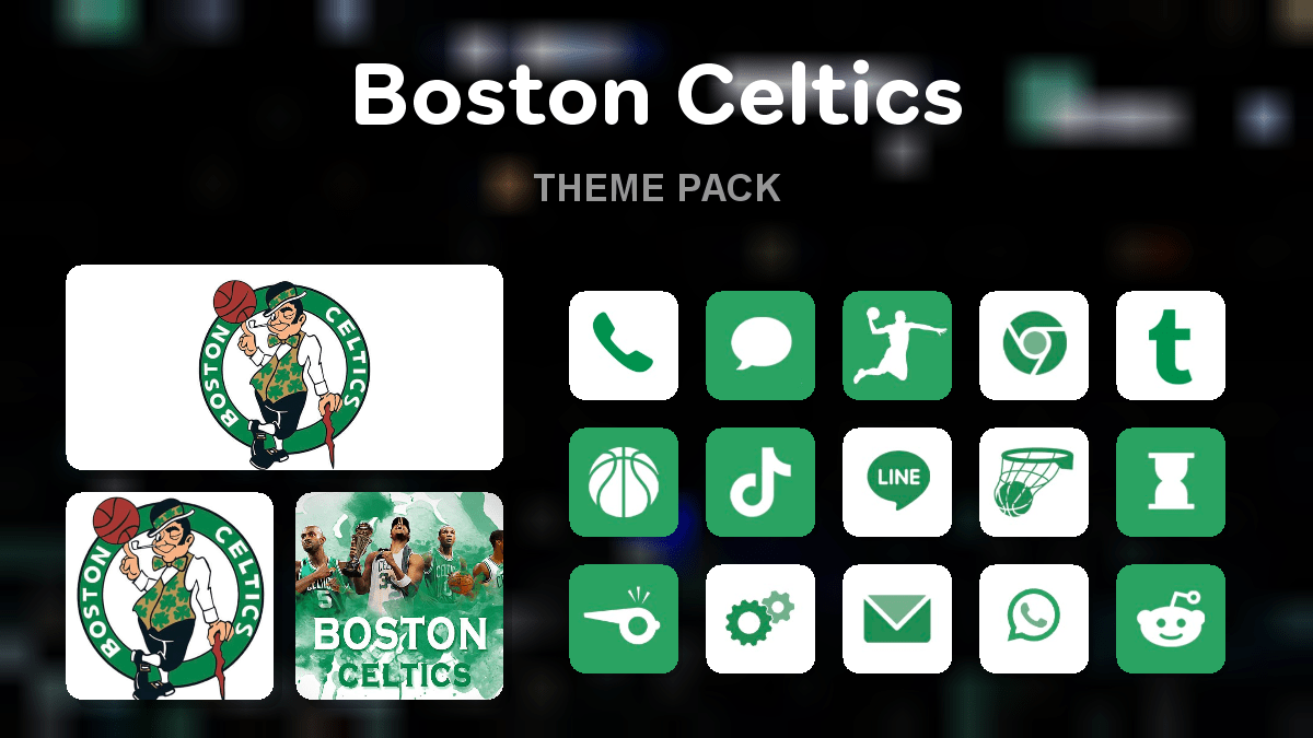 Boston Celtics theme pack preview showing all icons widgets and wallpaper