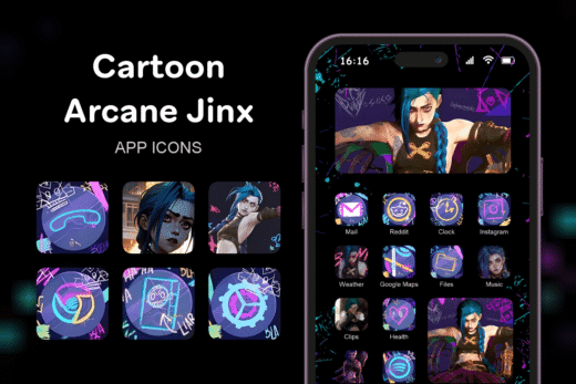 Cartoon Arcane Jinx theme pack featured image showing icons widgets and wallpaper