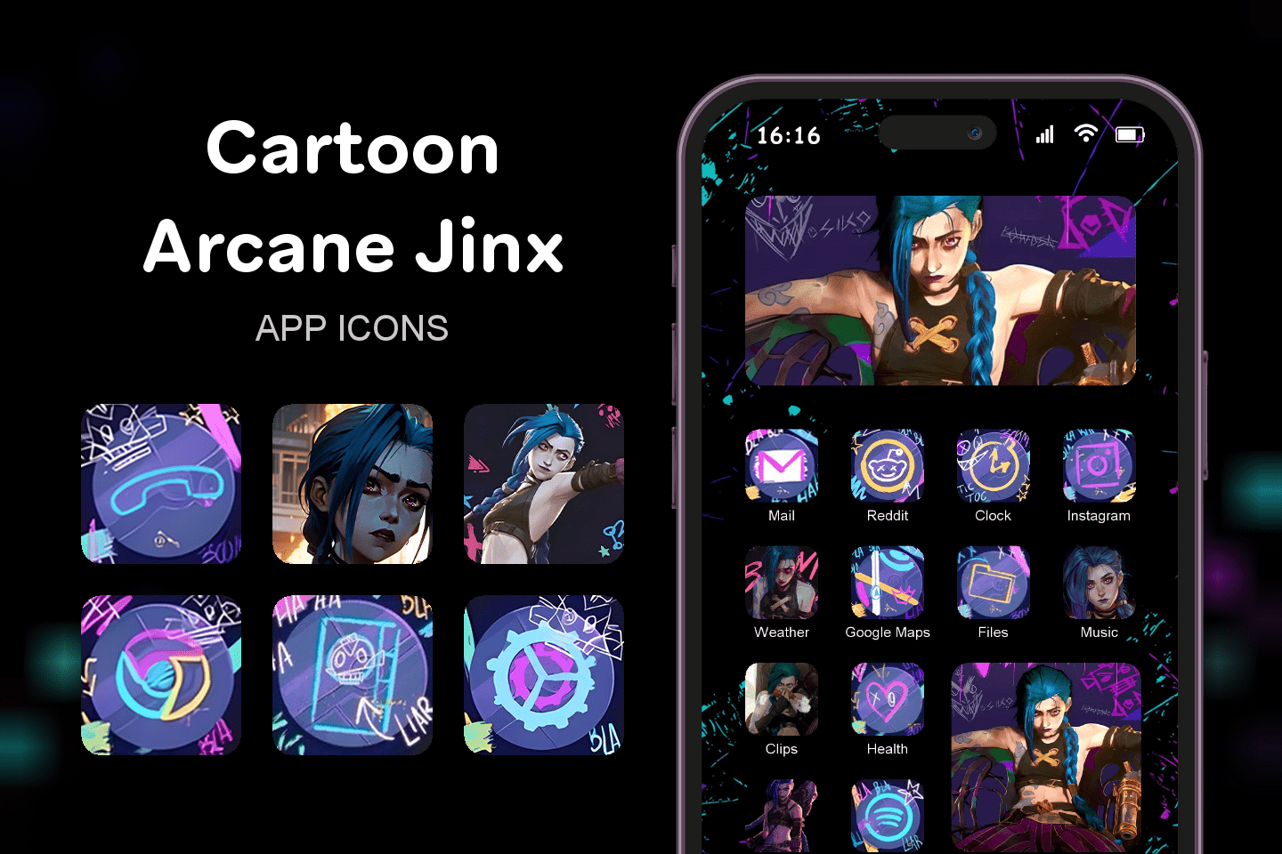Cartoon Arcane Jinx theme pack featured image showing icons widgets and wallpaper