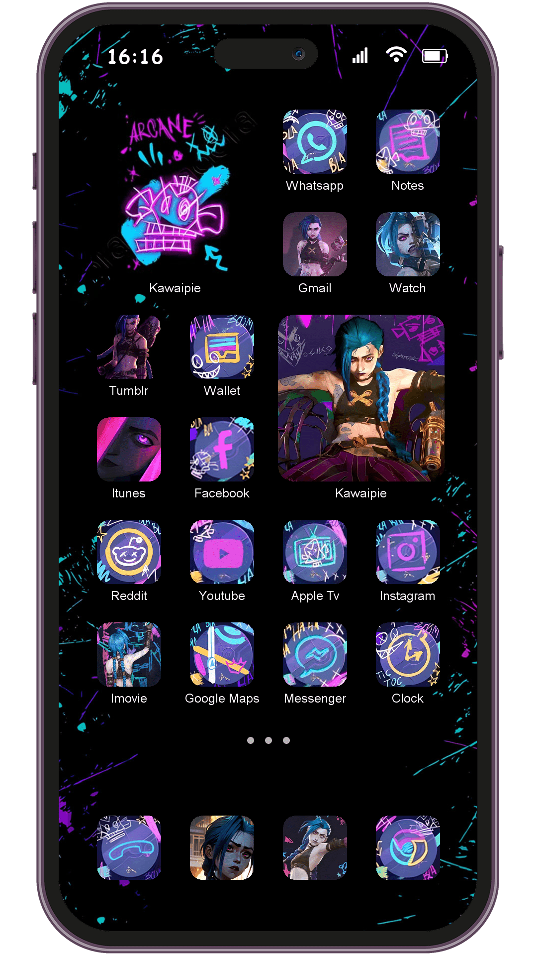 Cartoon Arcane Jinx theme pack installed on phone home screen