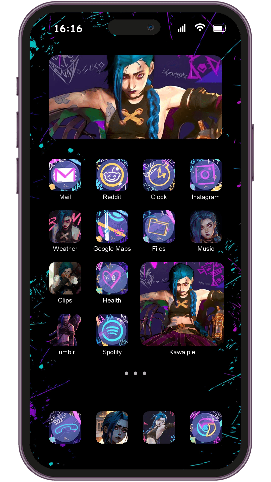 Cartoon Arcane Jinx theme pack applied on smartphone home screen