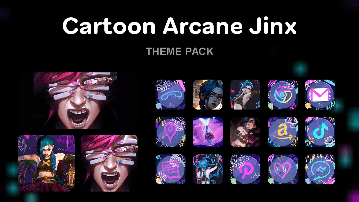 Cartoon Arcane Jinx theme pack preview showing all icons widgets and wallpaper