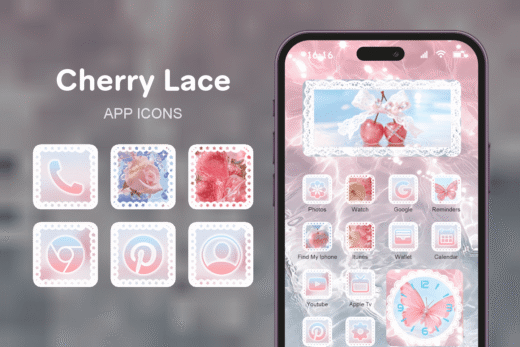 Cherry Lace theme pack featured image showing icons widgets and wallpaper