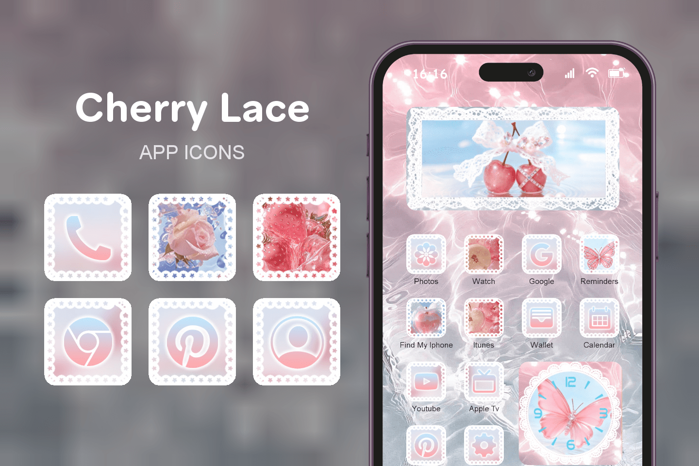 Cherry Lace theme pack featured image showing icons widgets and wallpaper
