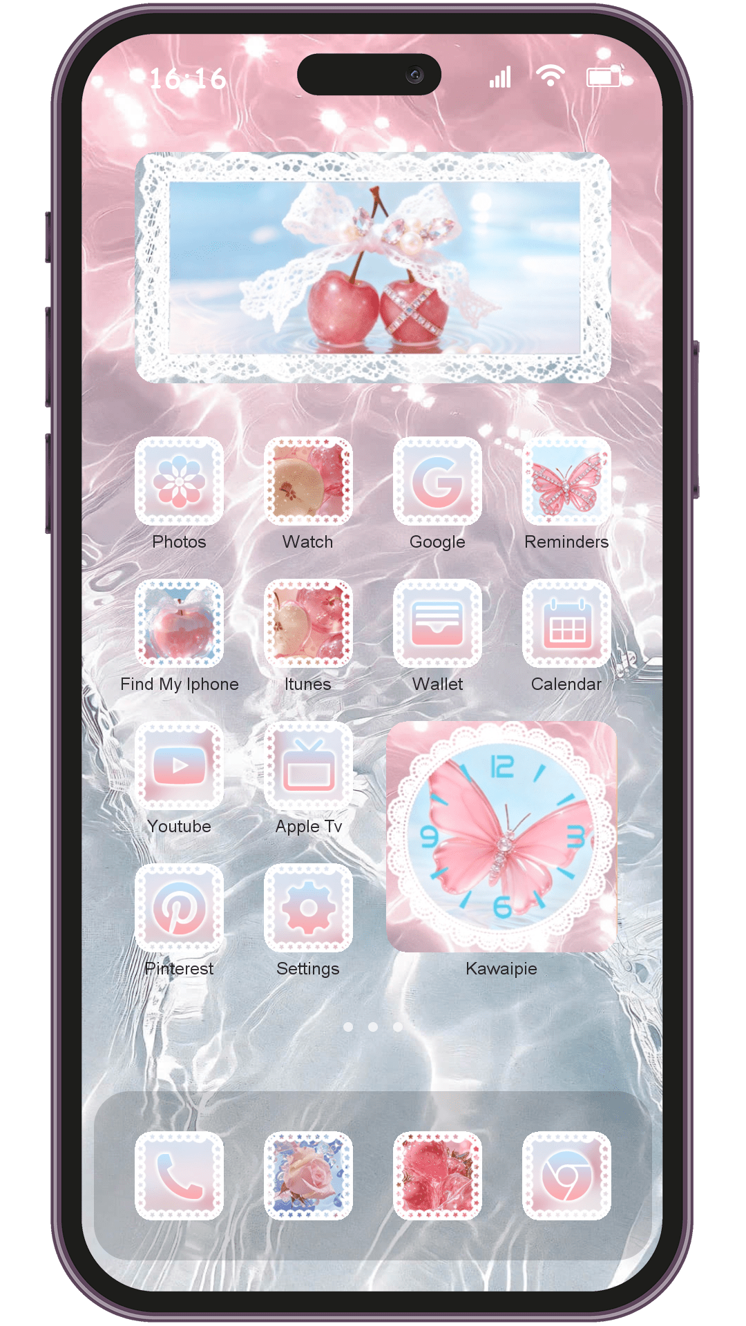 Cherry Lace theme pack applied on smartphone home screen
