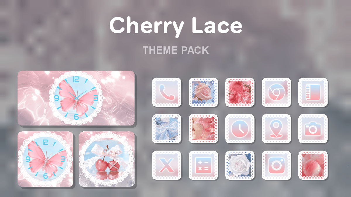 Cherry Lace theme pack preview showing all icons widgets and wallpaper