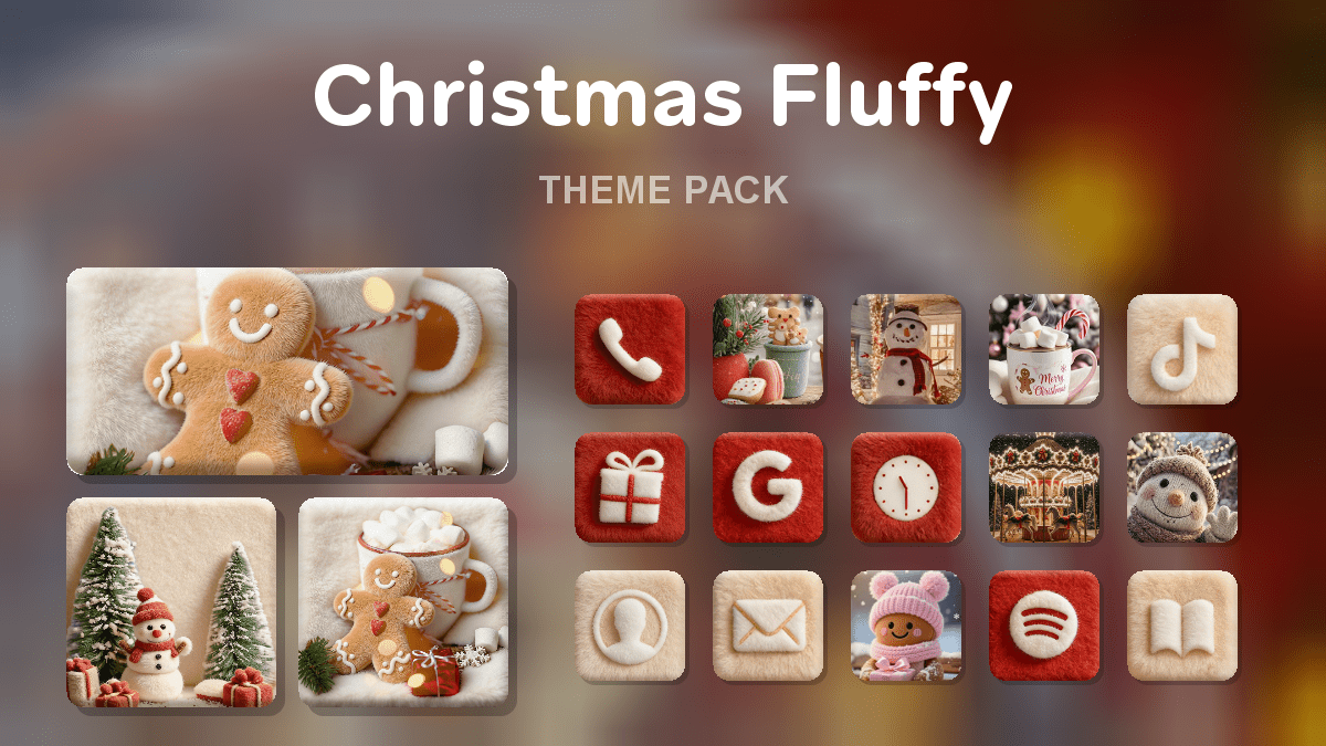 Christmas Fluffy theme pack preview showing all icons widgets and wallpaper