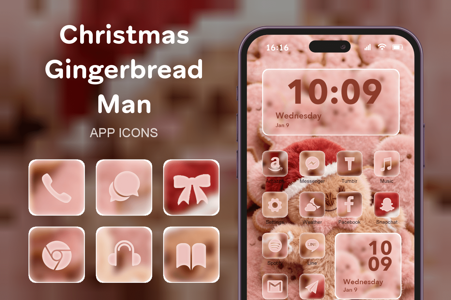 Christmas Gingerbread Man theme pack featured image showing icons widgets and wallpaper