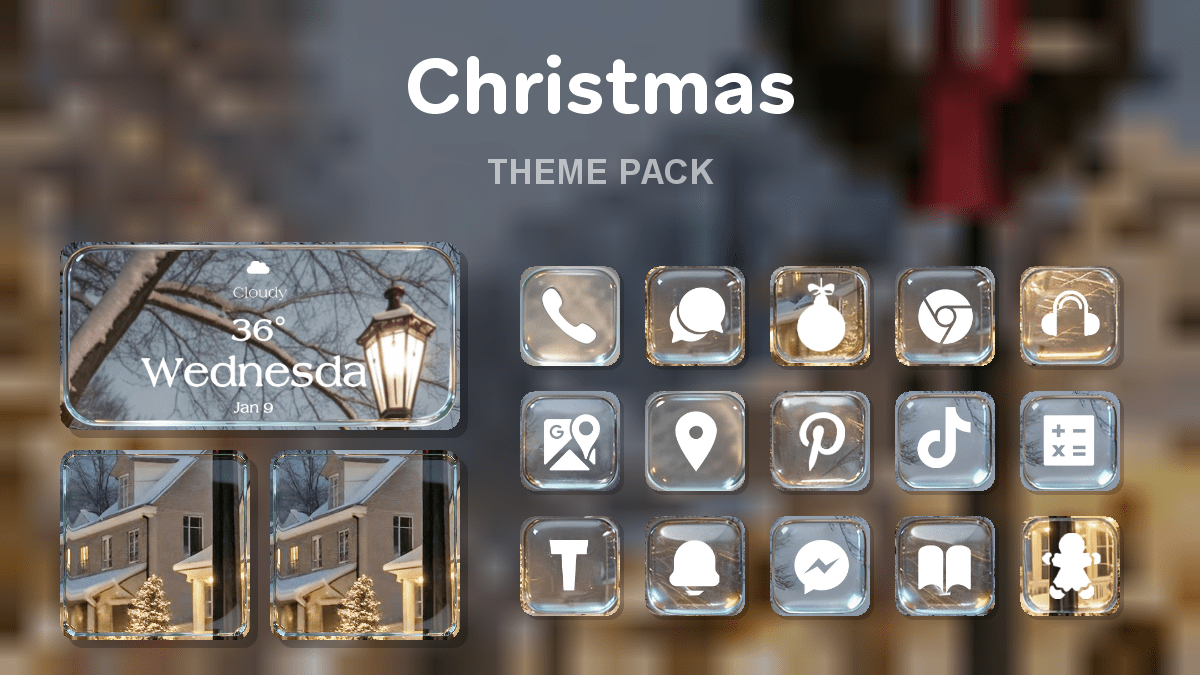 Christmas theme pack preview showing all icons widgets and wallpaper