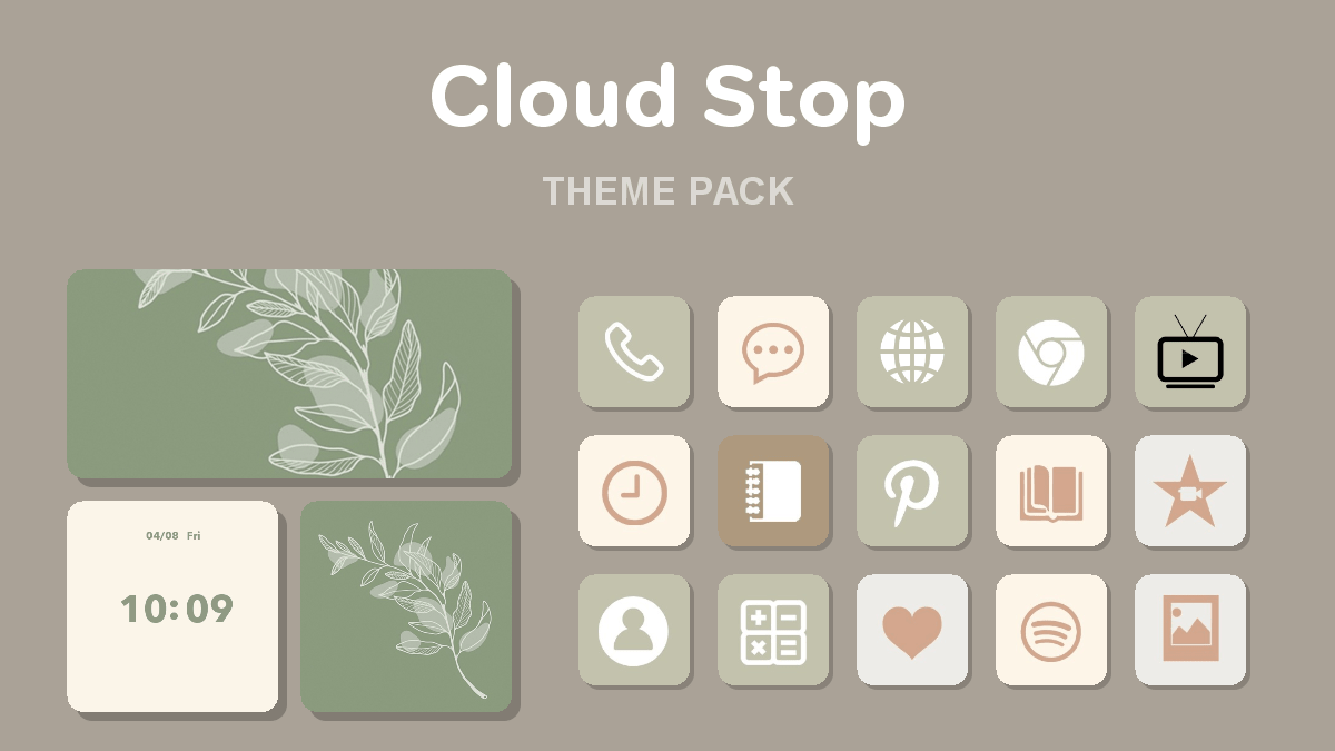 Cloud Stop theme pack preview showing all icons widgets and wallpaper