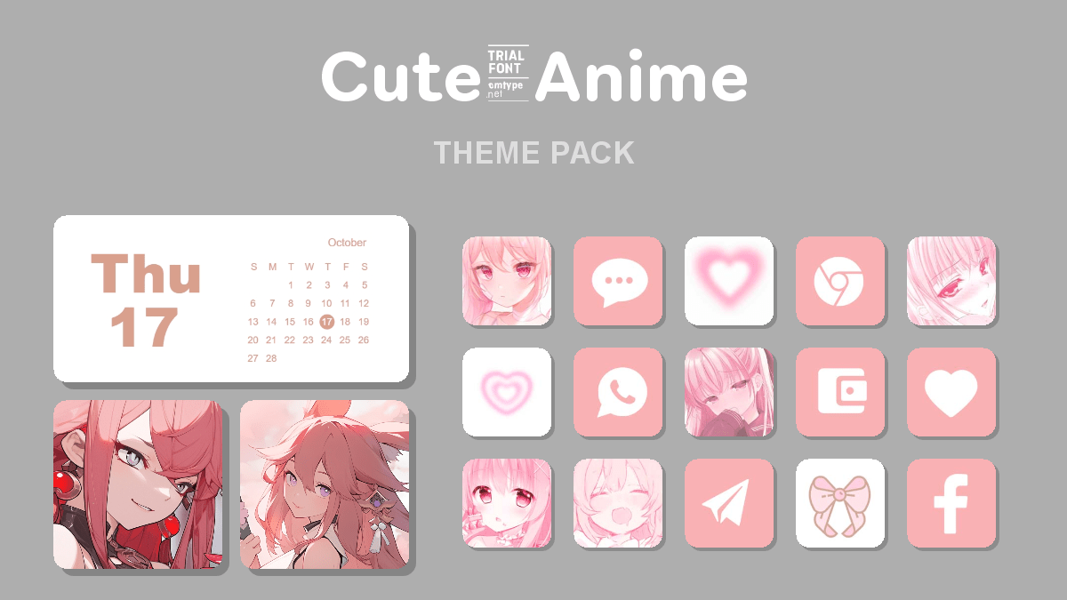 Cute_Anime theme pack preview showing all icons widgets and wallpaper