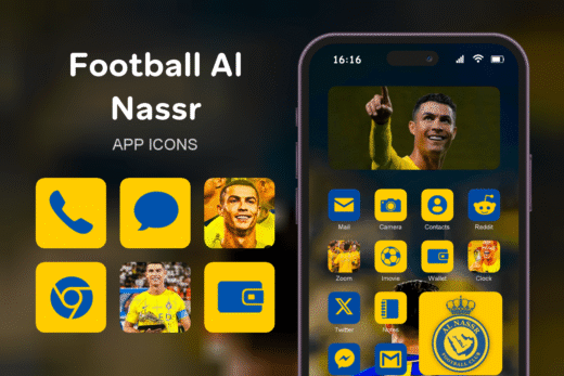 Football Al Nassr theme pack featured image showing icons widgets and wallpaper