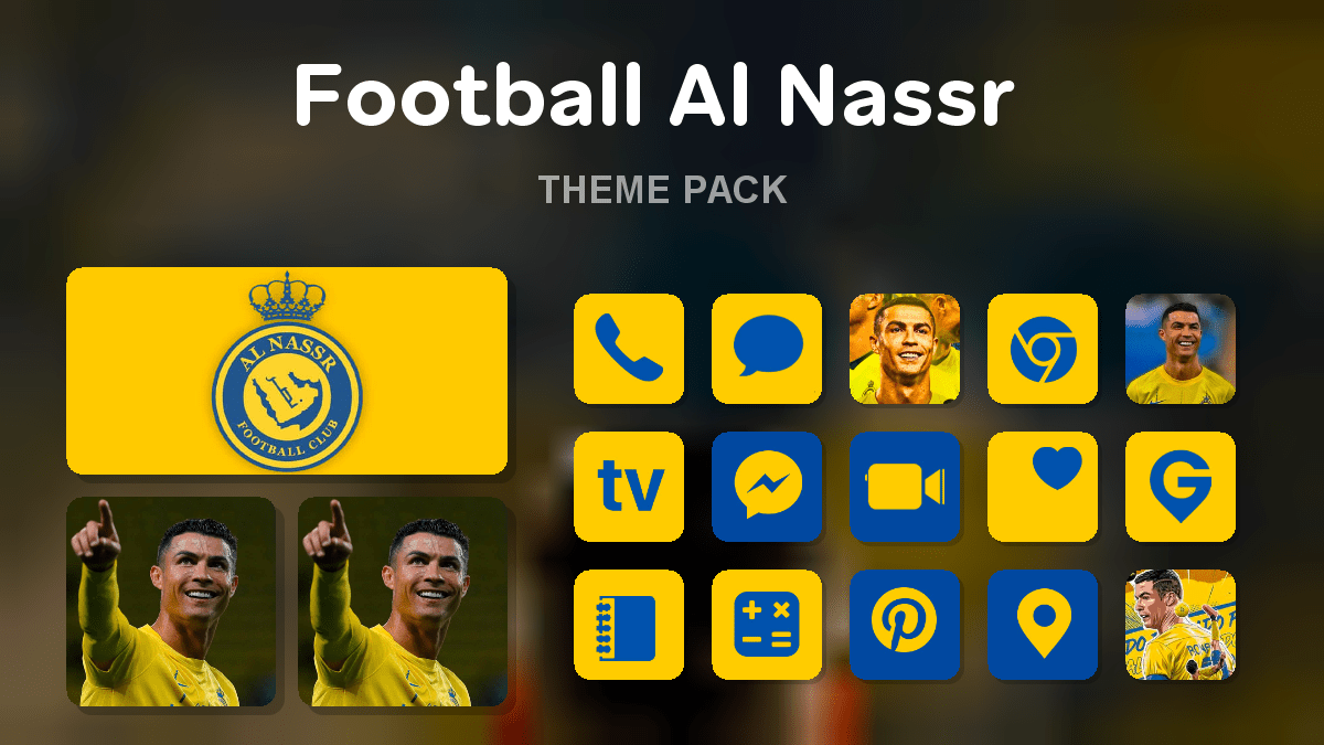 Football Al Nassr theme pack preview showing all icons widgets and wallpaper