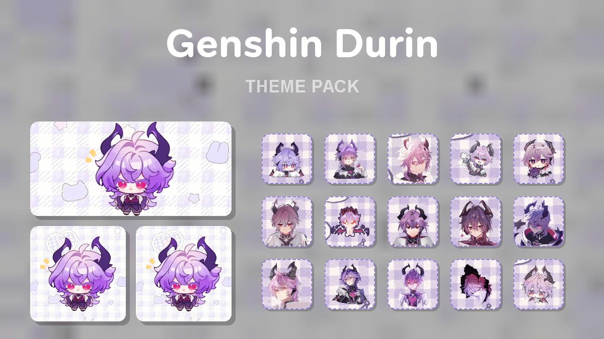Genshin Durin theme pack preview showing all icons widgets and wallpaper