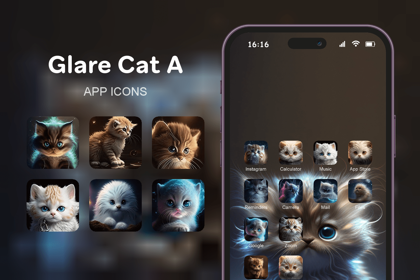 Glare Cat A theme pack featured image showing icons widgets and wallpaper